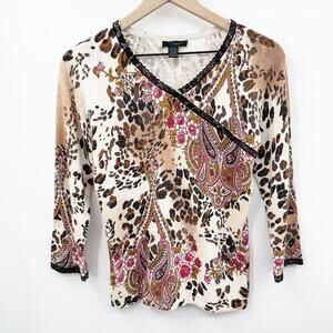 Vintage Y2K Floral Paisley Cheetah Print Angora Lace‎ Trim Sweater Size M